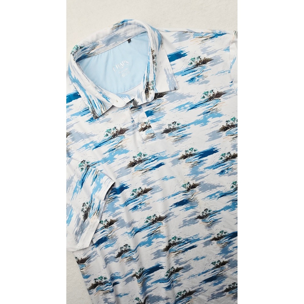 Chaps Golf Polo Shirt Mens 2XL Tropical Island Print Short Sleeve Collared Shirt